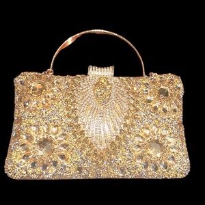 Solid Gold Beaded rhinestone 8” Hard Case Box Purse Evening Prom Formal Ball